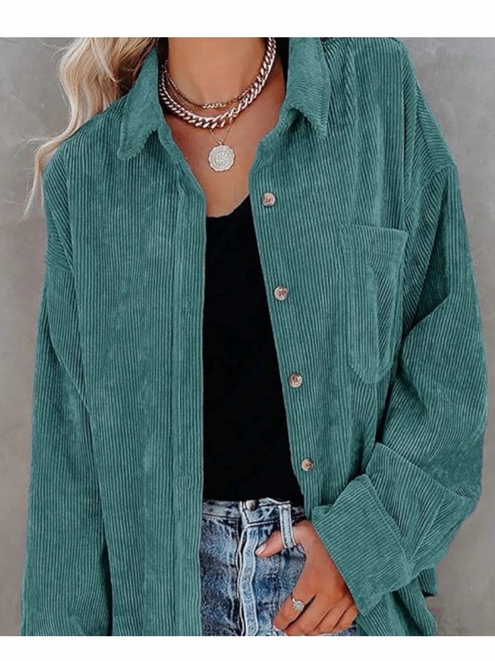 Corduroy Button-Front Shirt Jacket in Teal